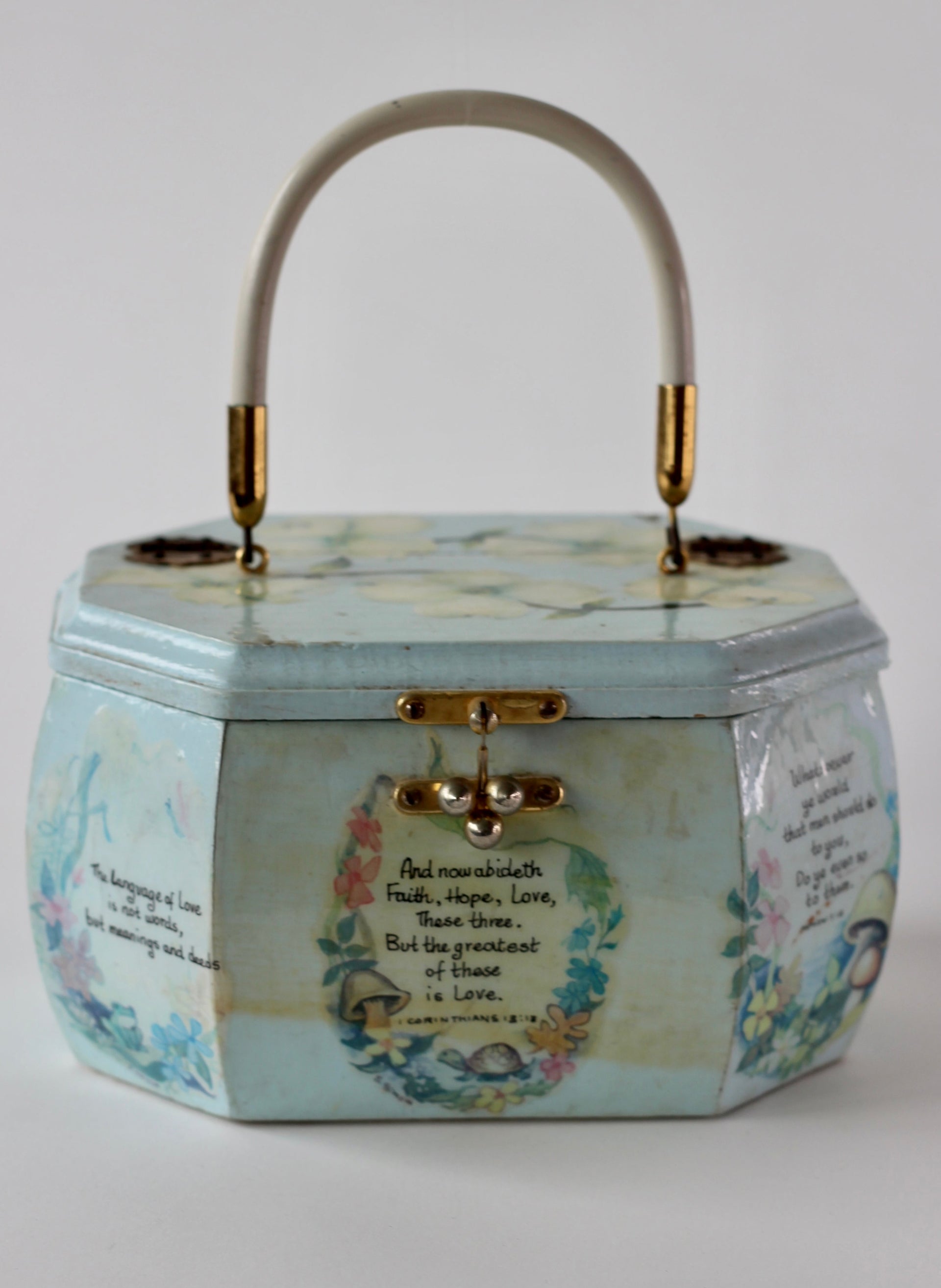 1960s Vintage Pale Blue Wooden Handle Box Bag