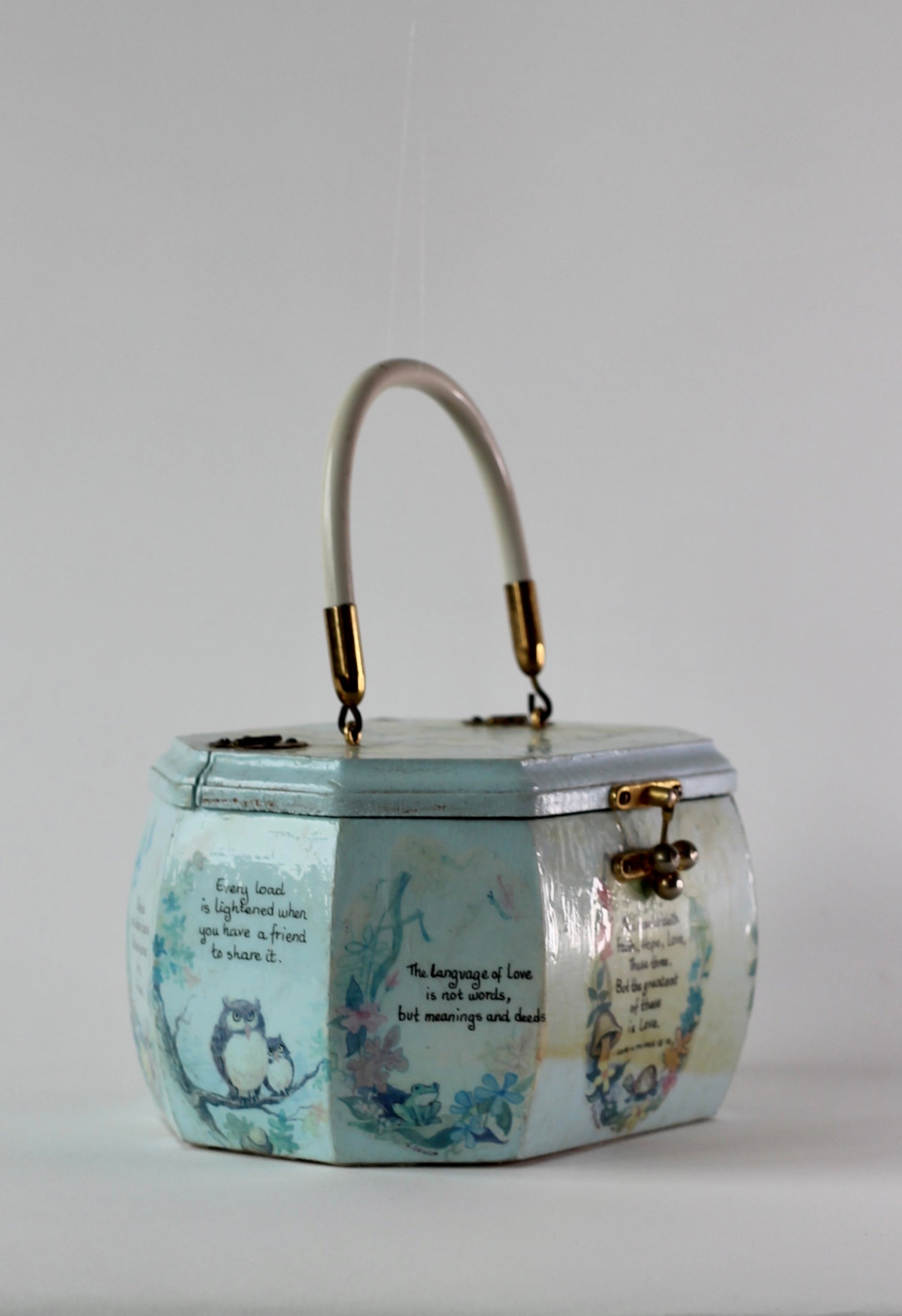 1960s Vintage Pale Blue Wooden Handle Box Bag
