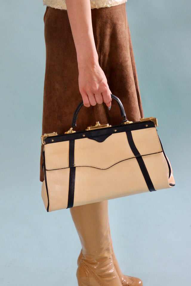 1950S 1960s Beige/Ivory Leather Top Handle Bag // Midwife Style Bag