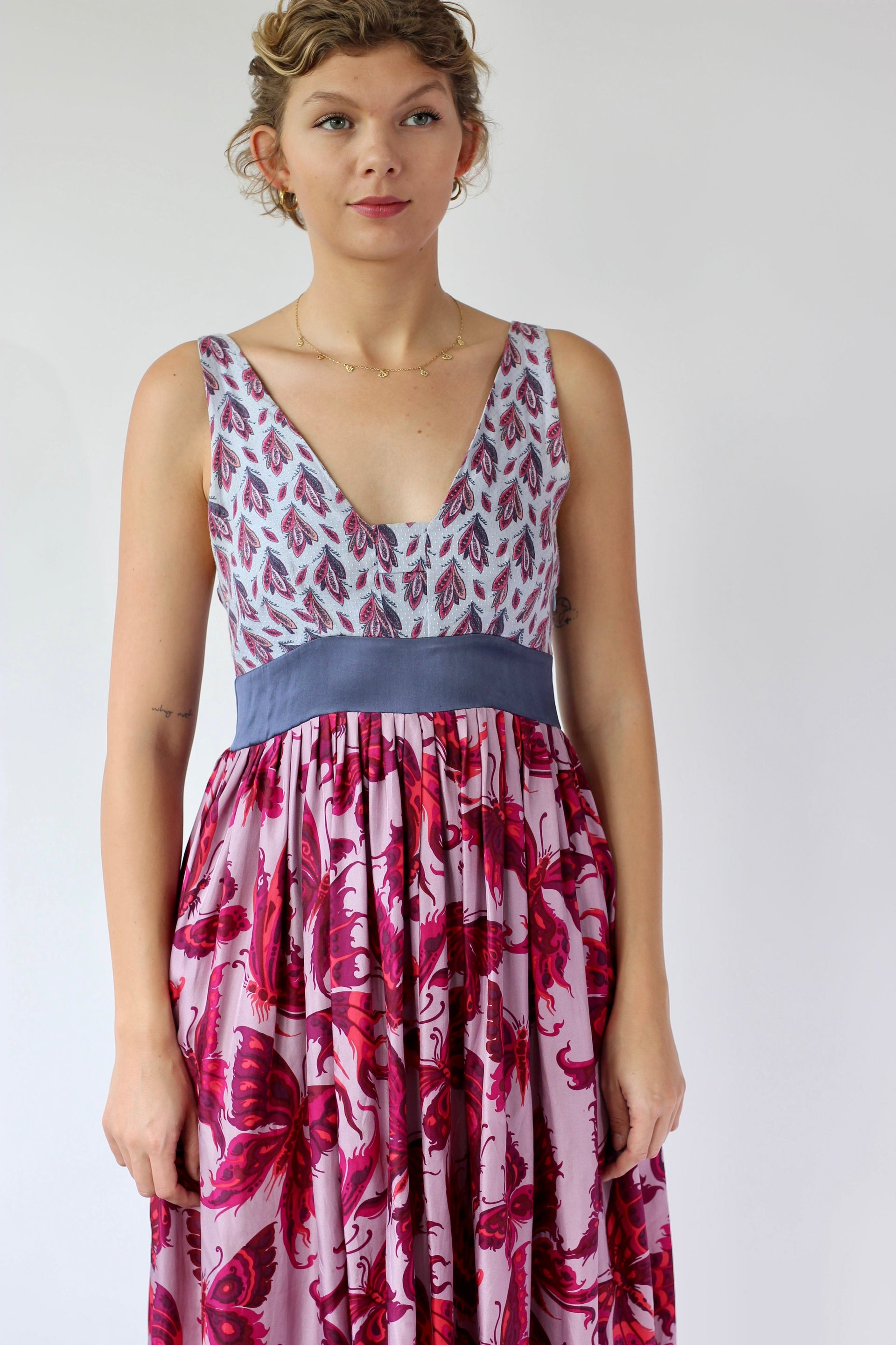 Y2K Purple Silk Maxi Silk Dress//Butterfly Print//Danish Design//Size L/XL