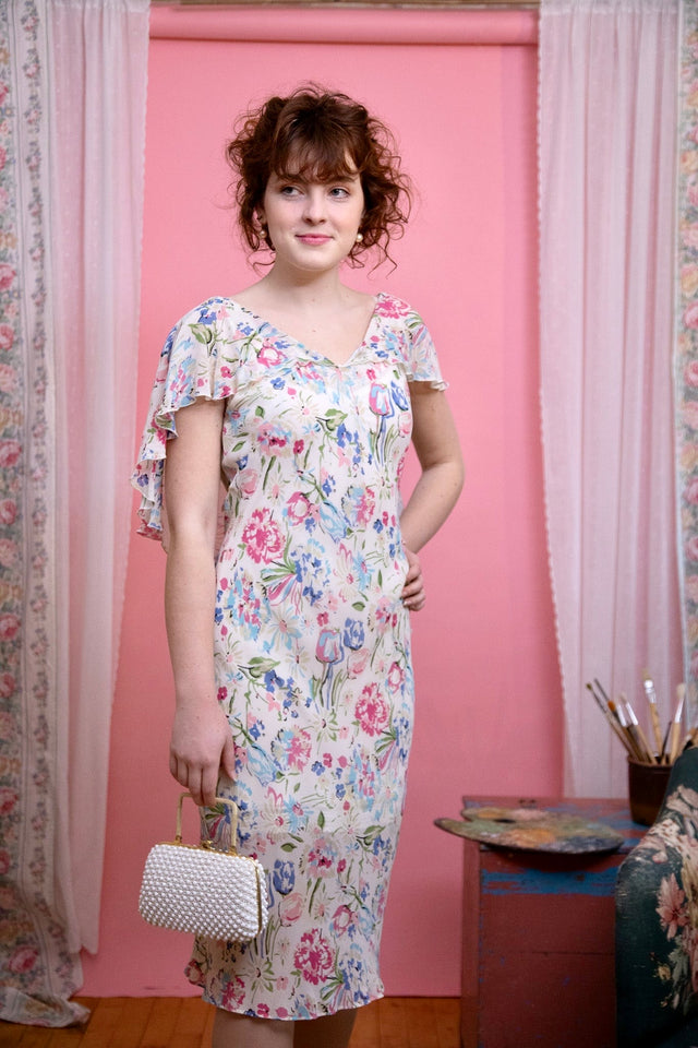 Vintage Laura Ashley White Silk Chiffon Dress//Size XS - M