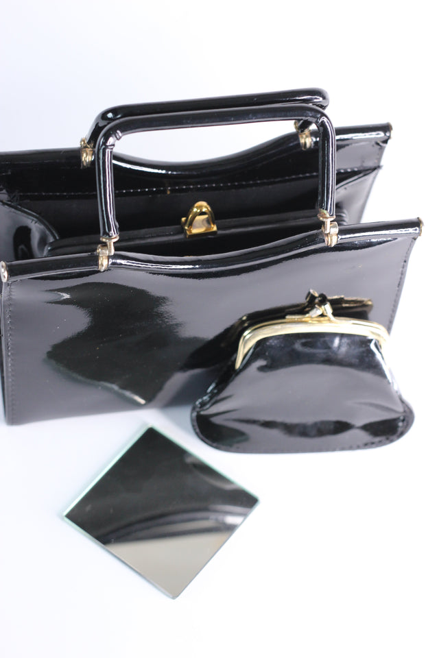1960s Vintage Black Patent Leather Top Handle Bag