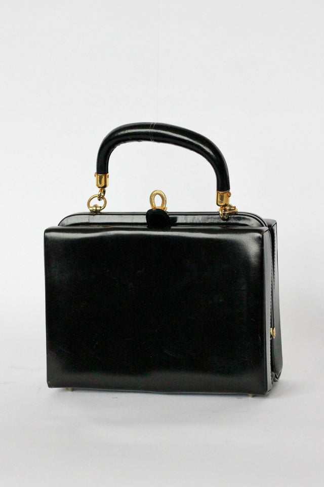 1950s 1960s Vintage Black Patent Leather Box Hand Bag/Purse