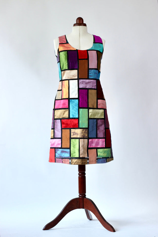 1980s Vintage Silk Patchwork Cocktail Dress // Size L