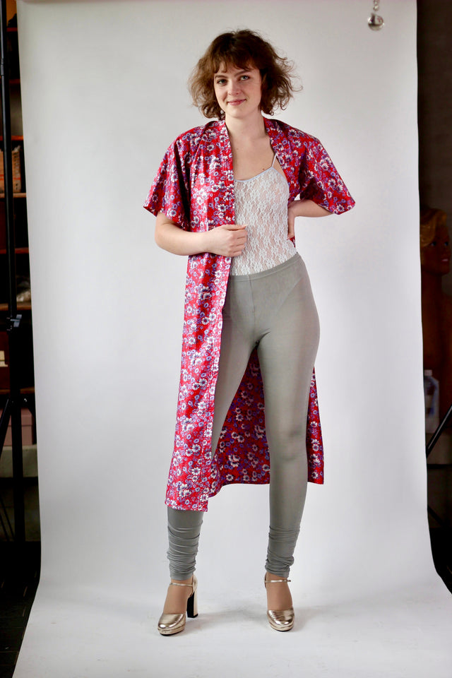 Vintage Red Cotton Kimono or Light Coat with Flower Print//Size M