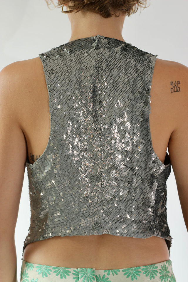 Vintage Y2K Silver Sequin Vest // Danish Design // Size M