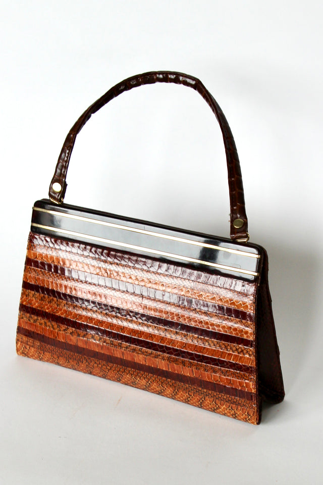 1950s 1960s Brown Snakeskin/Leather Top Handle Bag