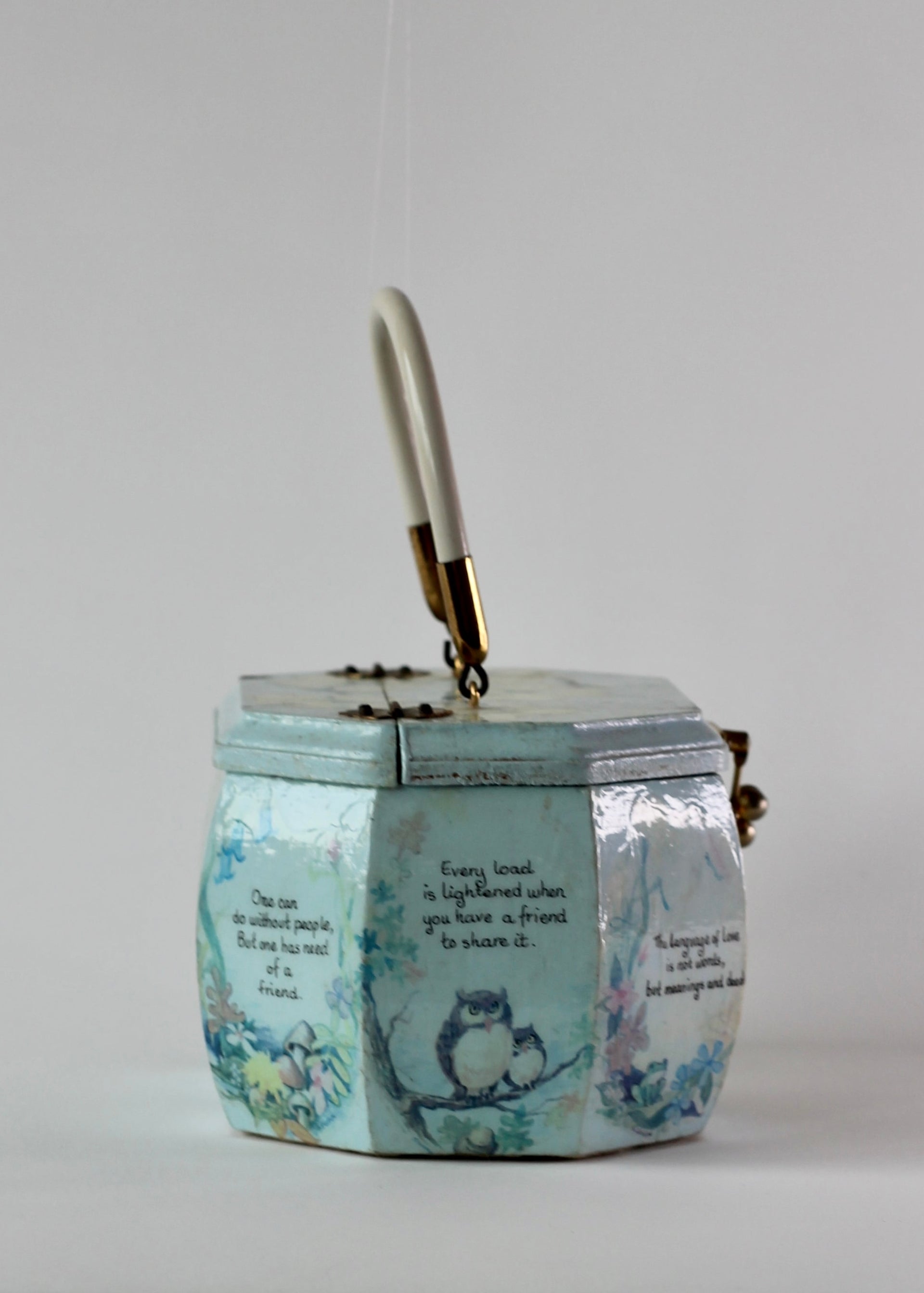 1960s Vintage Pale Blue Wooden Handle Box Bag