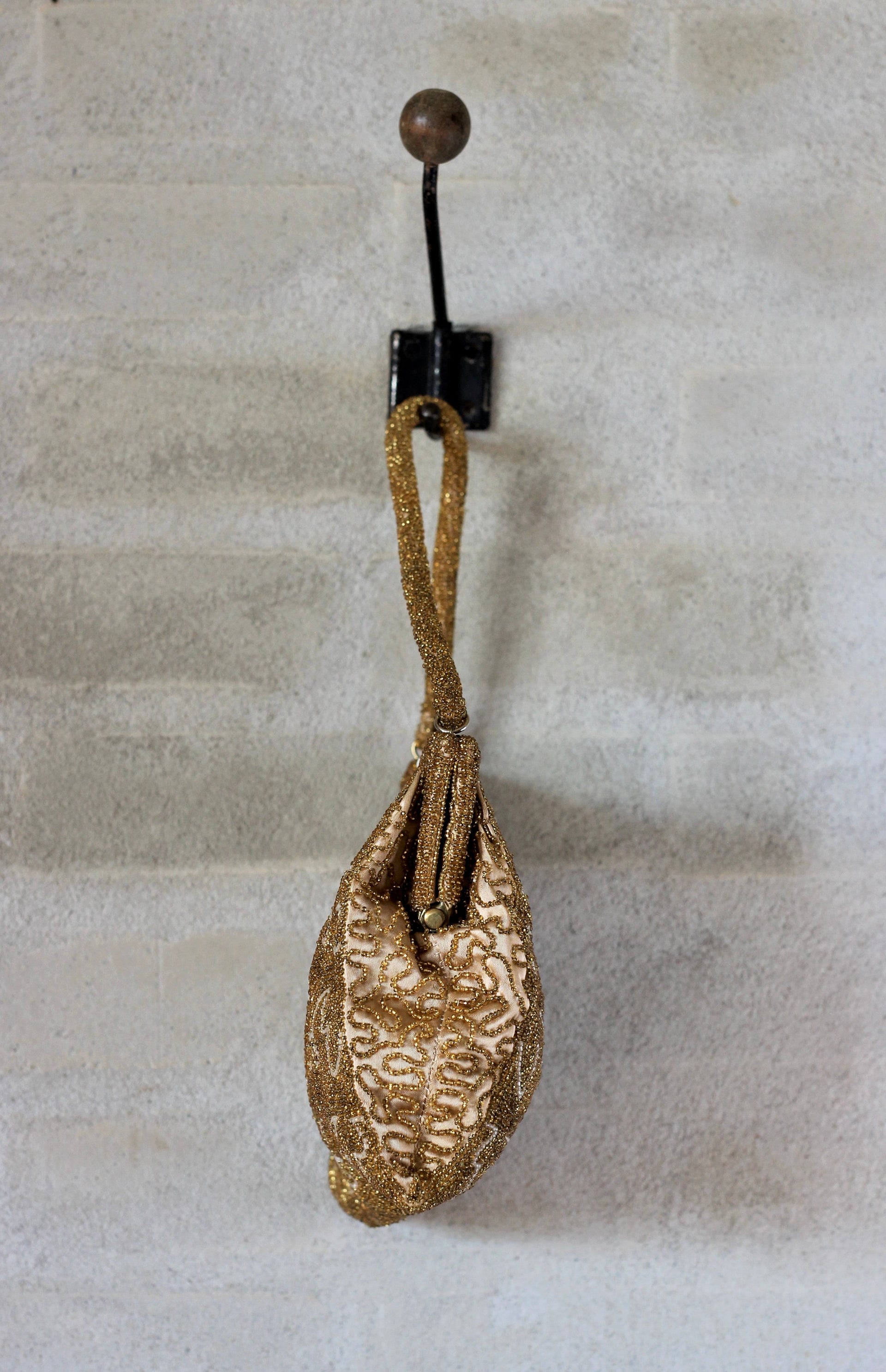 1950s Vintage Golden/Clear Beaded Top Handle Purse/Bag//Rhinestone Closure