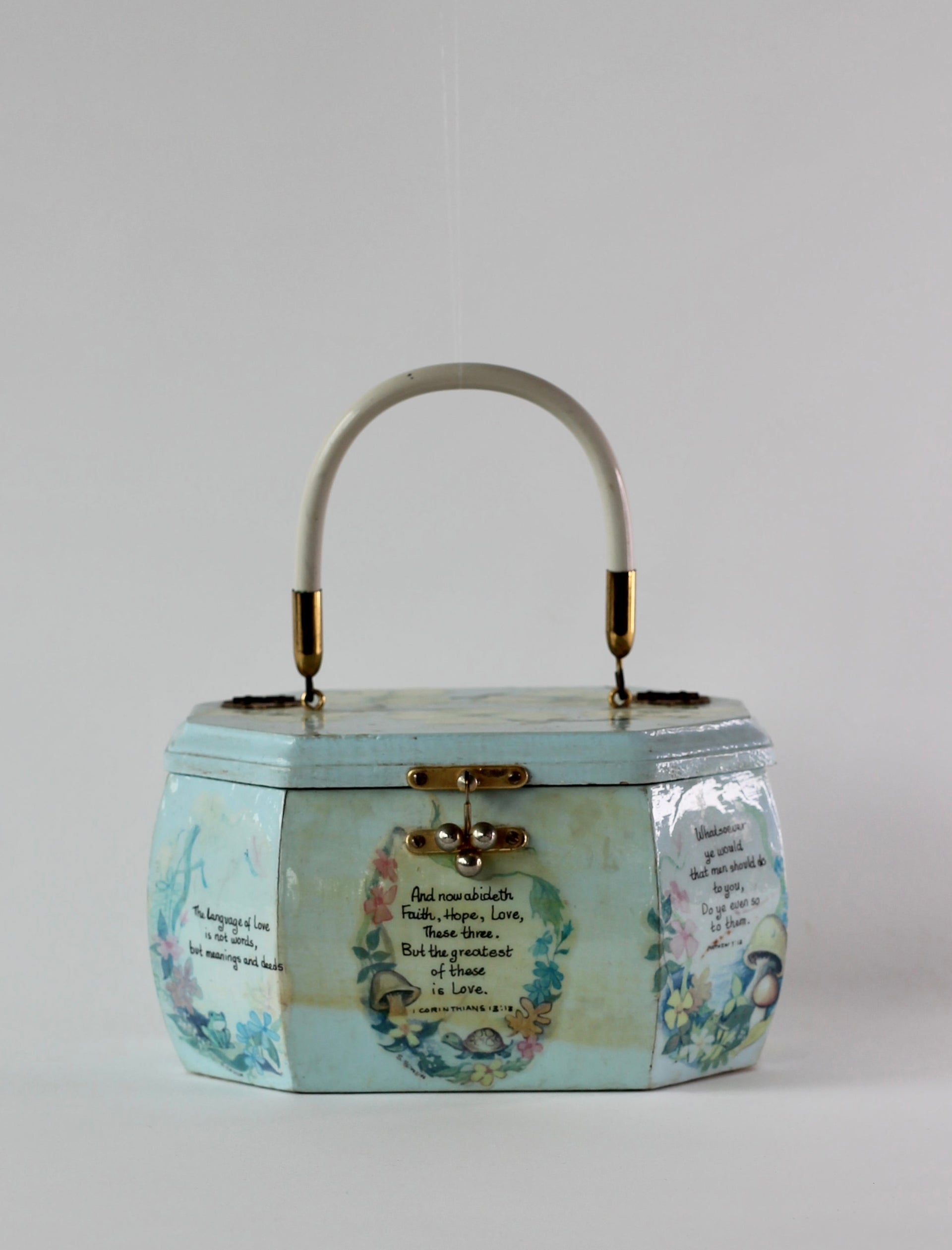 1960s Vintage Pale Blue Wooden Handle Box Bag
