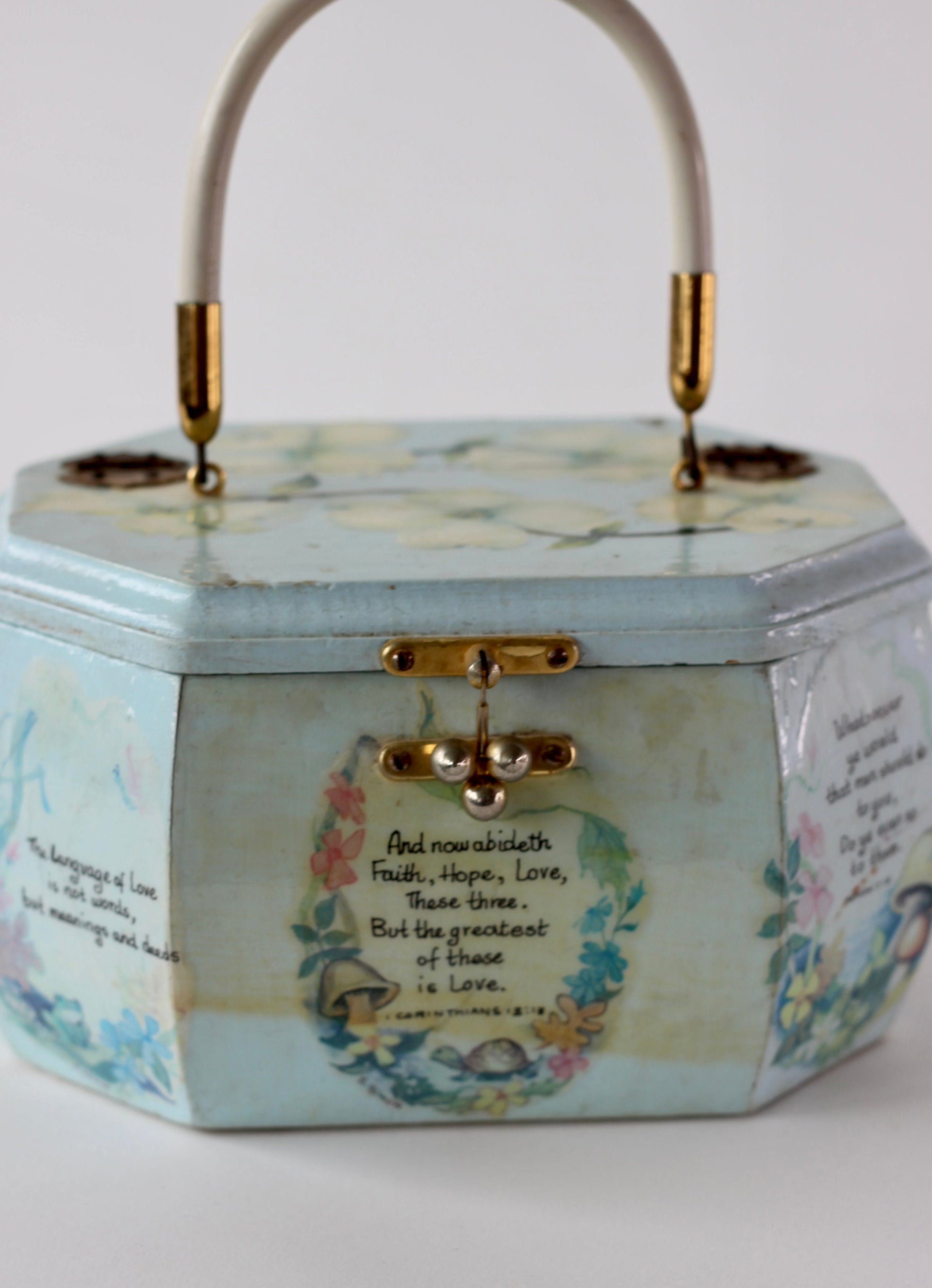 1960s Vintage Pale Blue Wooden Handle Box Bag