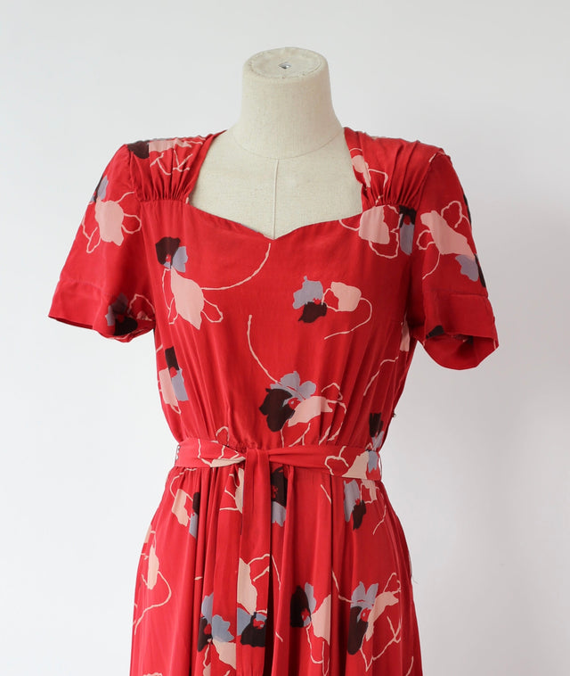 1940s Floral Red Silk Dress Print Dress with Belt // Size S