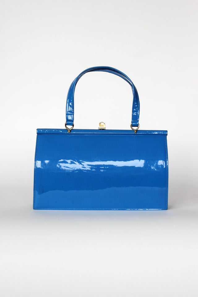 1960s 1970s Vintage Blue Suede and Patent Vinyl Purse Top Handle Bag/Purse