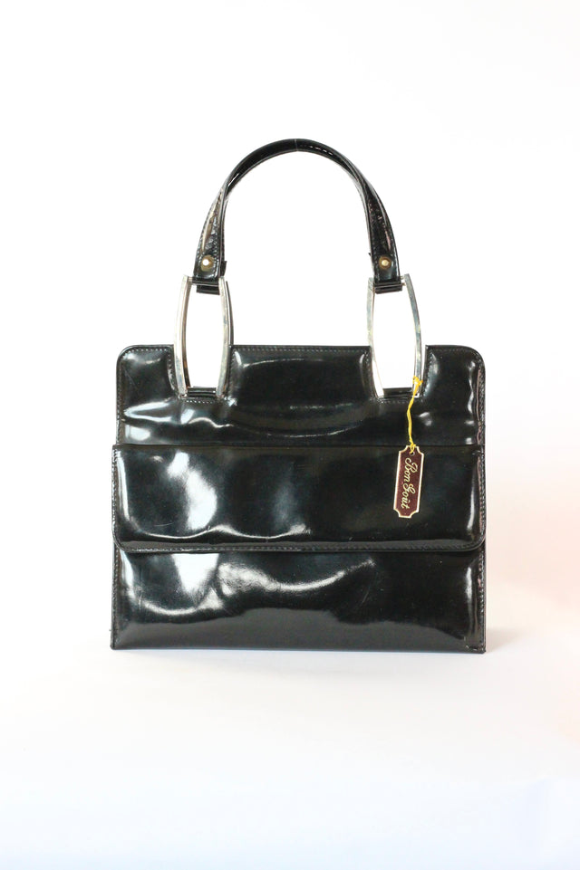 1960s Vintage Black Patent Leather Handbag with Red Leather Linen