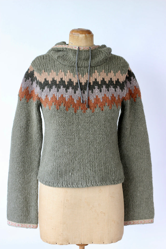 Y2K Army Green Hooded Alpaca Wool Sweater//Danish Design // Size M