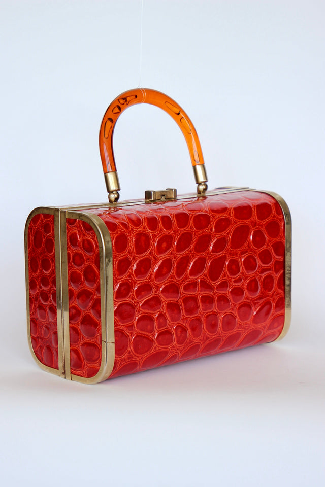1950s 1960s Bright Red Leather Box Top Handle Bag/Purse