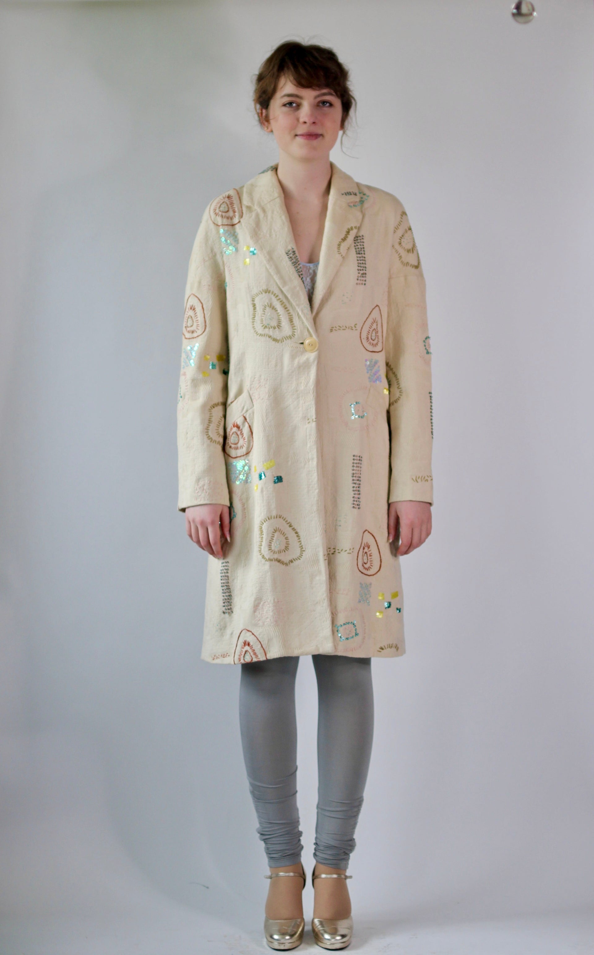 Y2K Embroidered Cream Coat//Danish Design //Size S/M