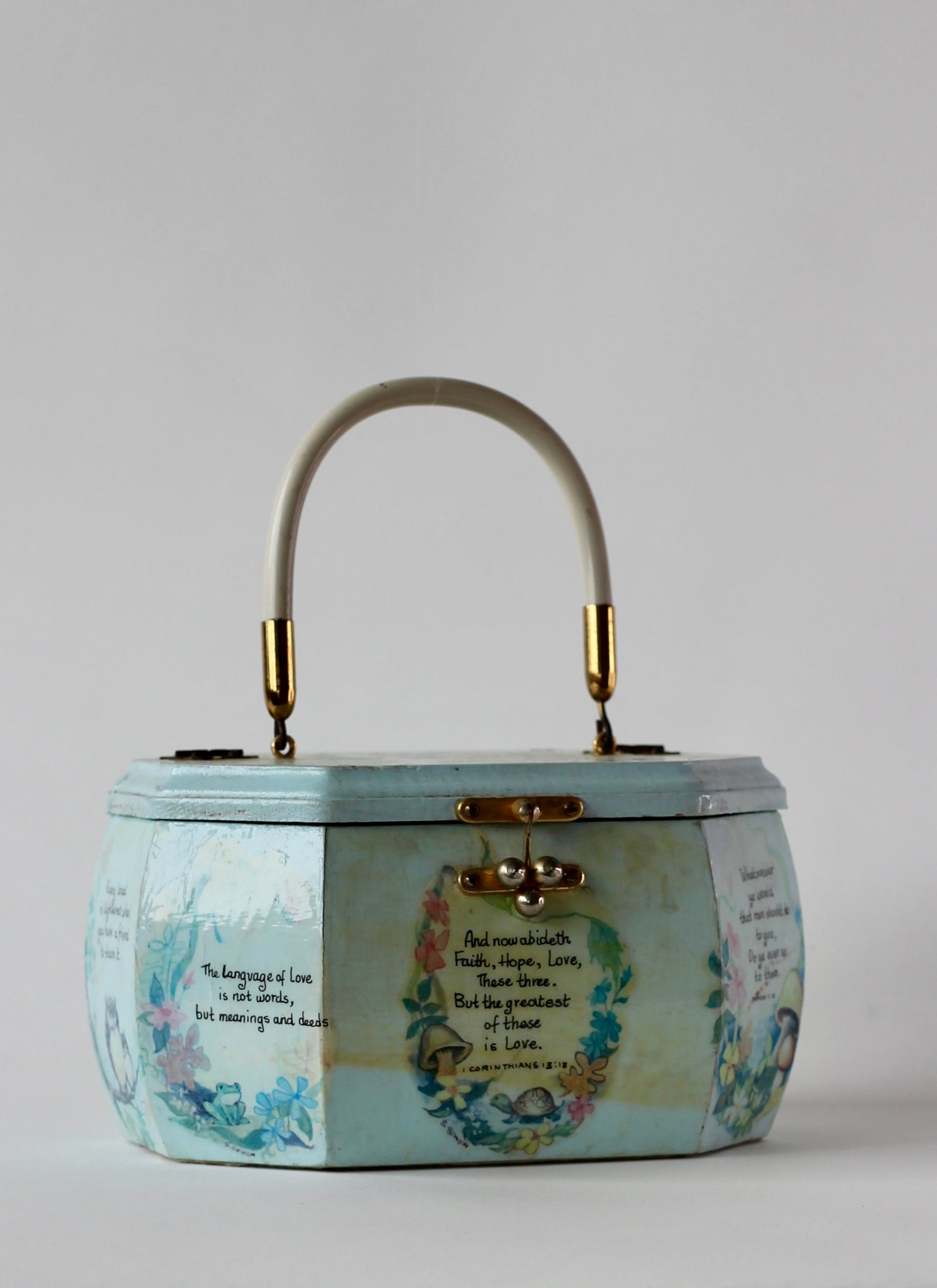1960s Vintage Pale Blue Wooden Handle Box Bag