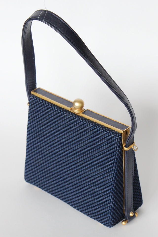 1950s 1960s Vintage Navy Blue Vinyl Top Handle Bag/Purse