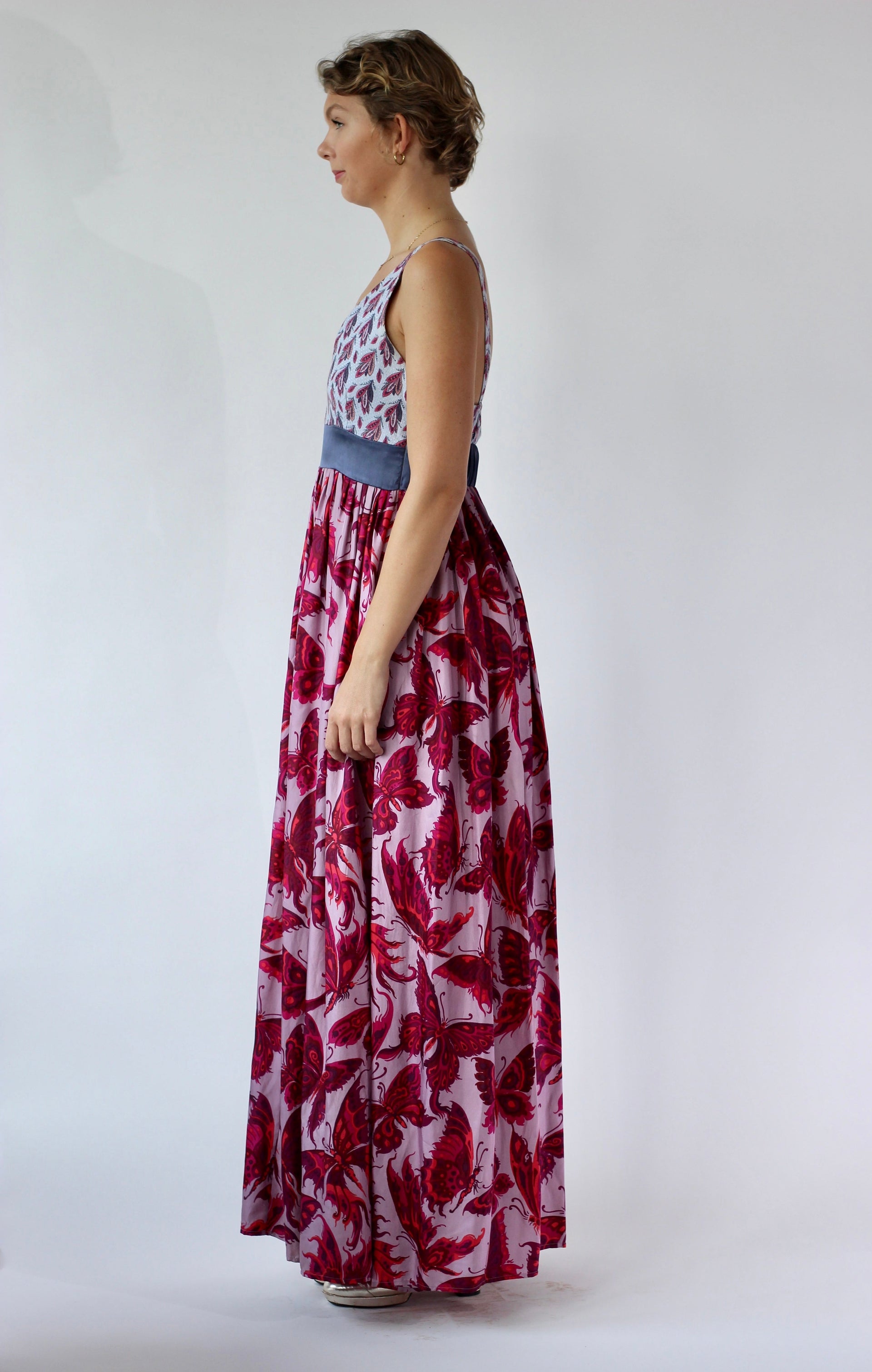 Y2K Purple Silk Maxi Silk Dress//Butterfly Print//Danish Design//Size L/XL