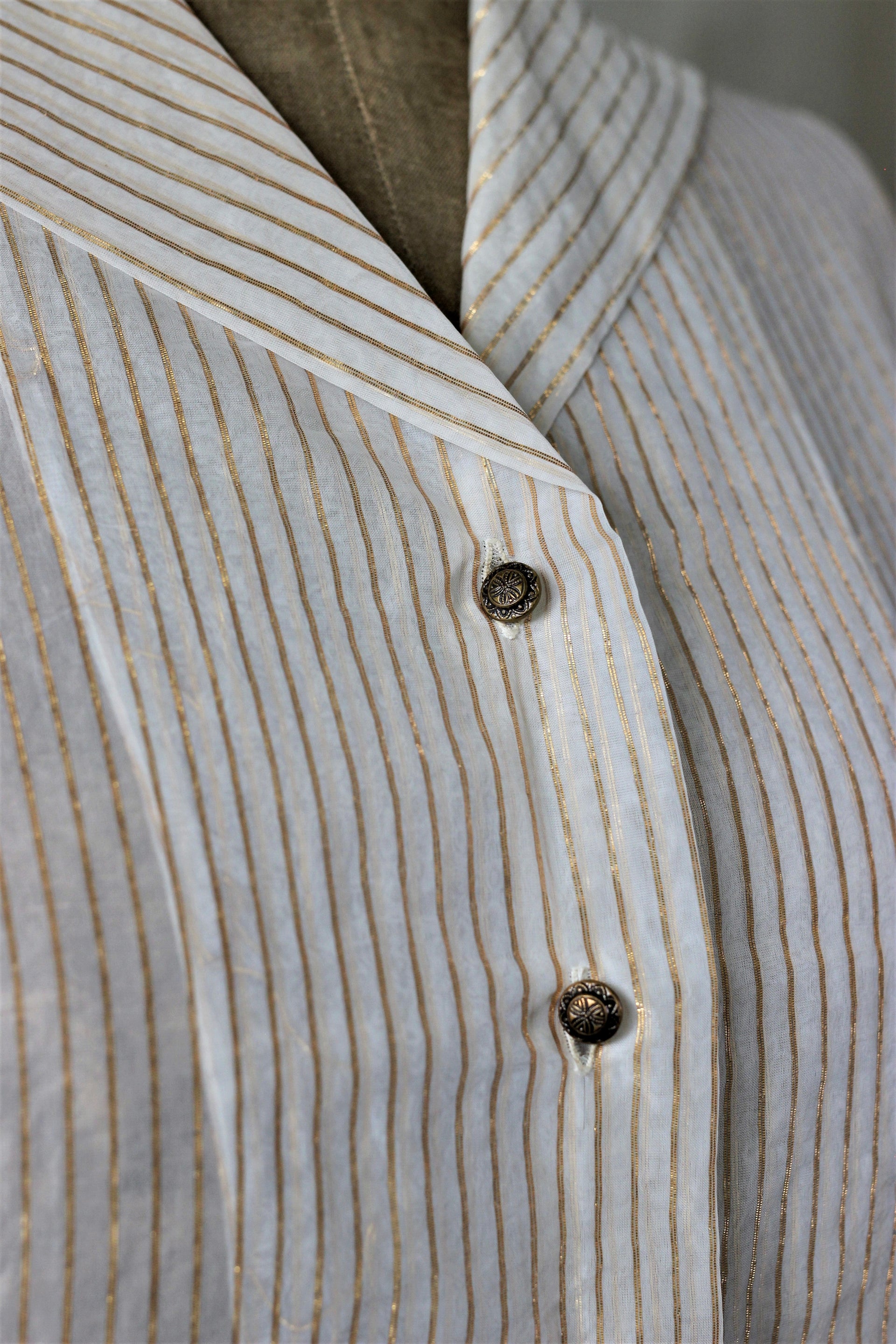 1950s Ivory Sheer Blouse With Golden Lines & Cufflinks/Size M