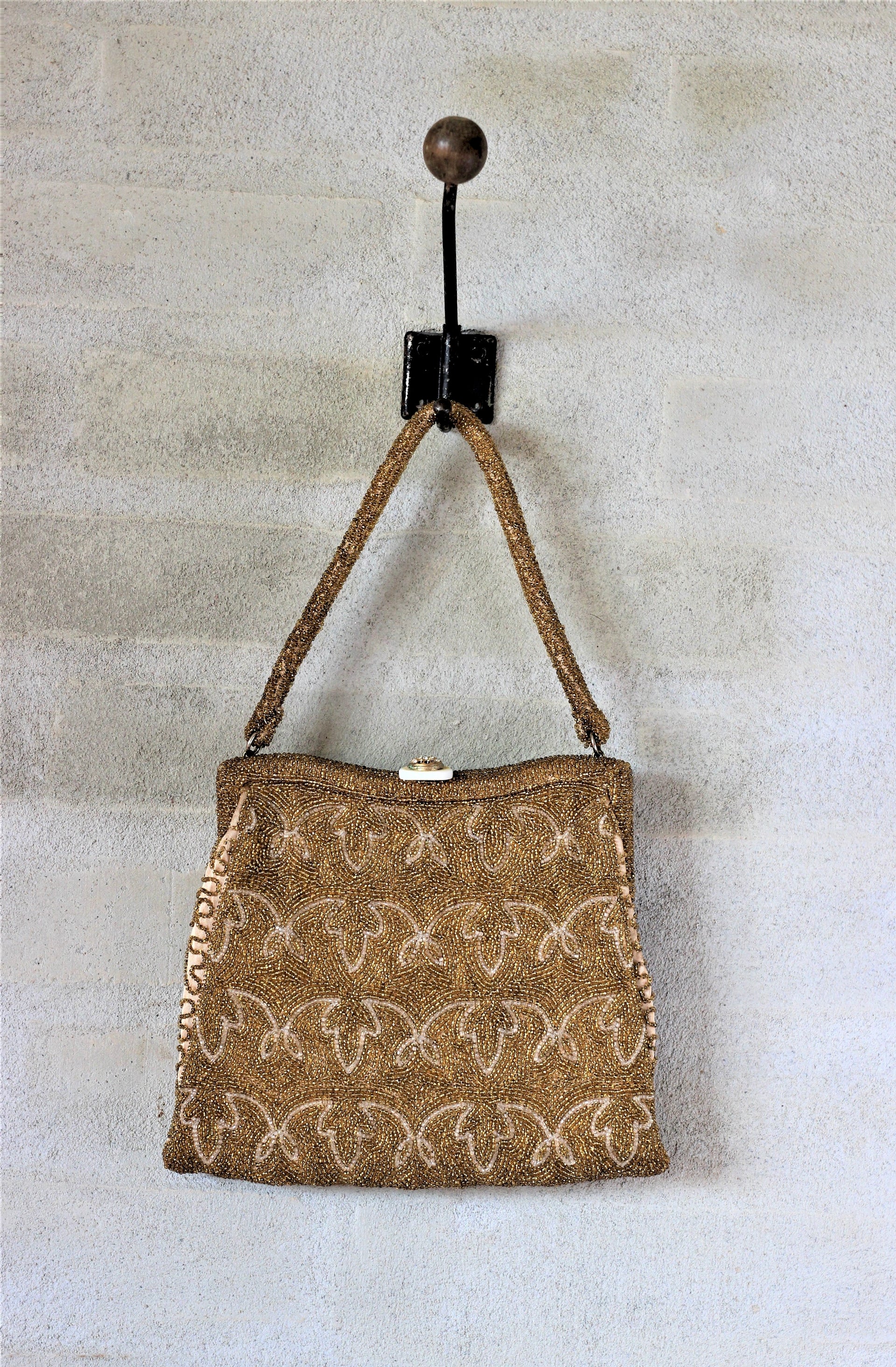 1950s Vintage Golden/Clear Beaded Top Handle Purse/Bag//Rhinestone Closure