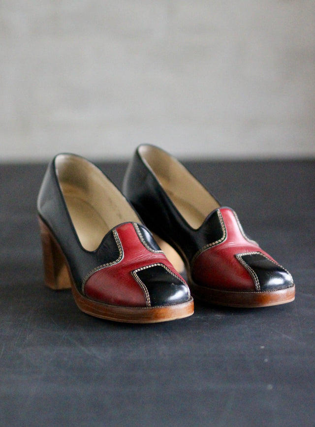 1970s Black/Red Leather Platforms Shoes //Size EU 39 US 8 UK 5,5