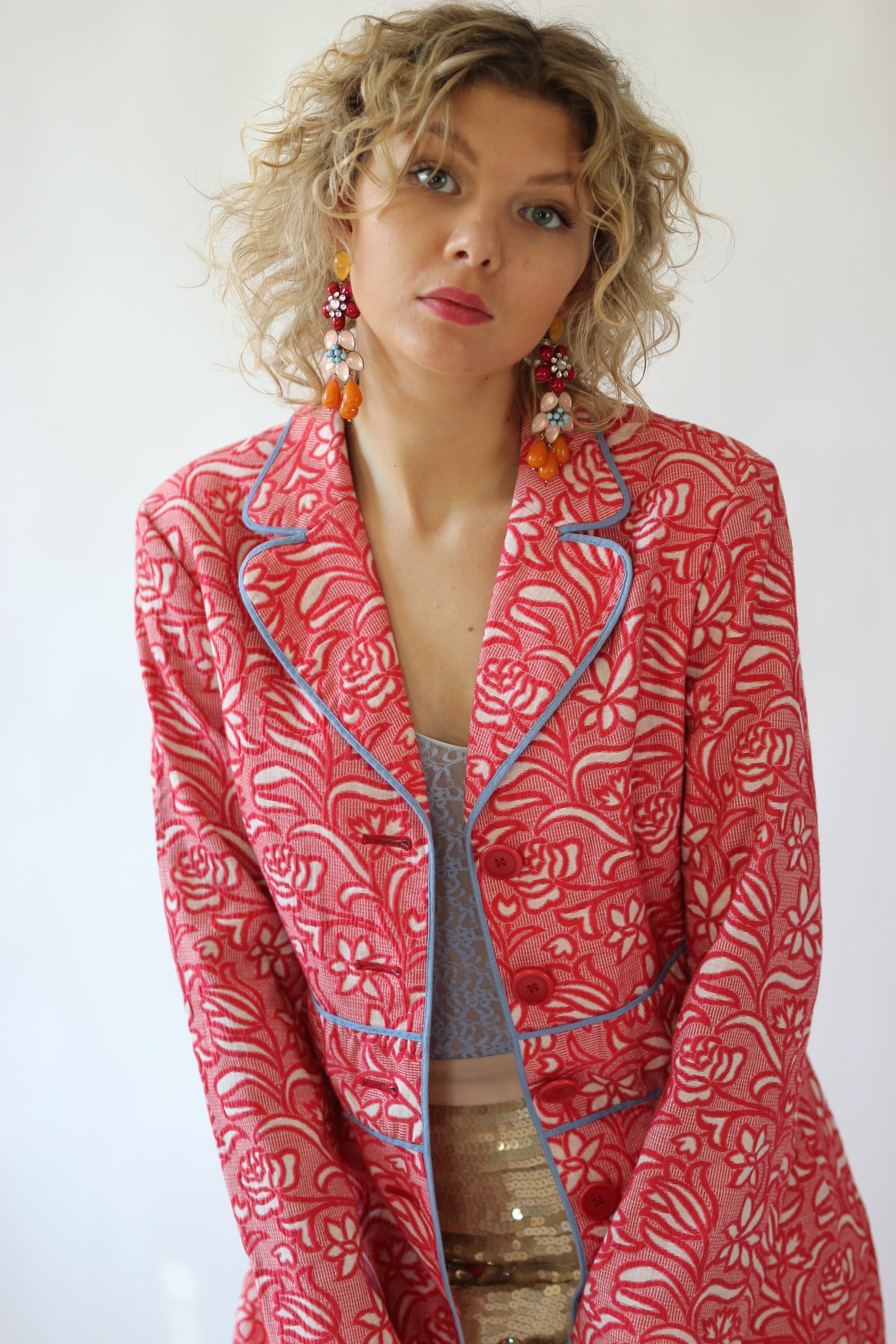 Y2K Vintage Red and White Brocade Coat//Size M