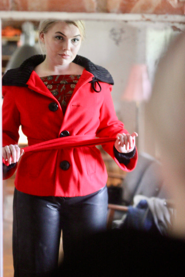 1990s Vintage Red and Black Designer Wool Jacket // Size M
