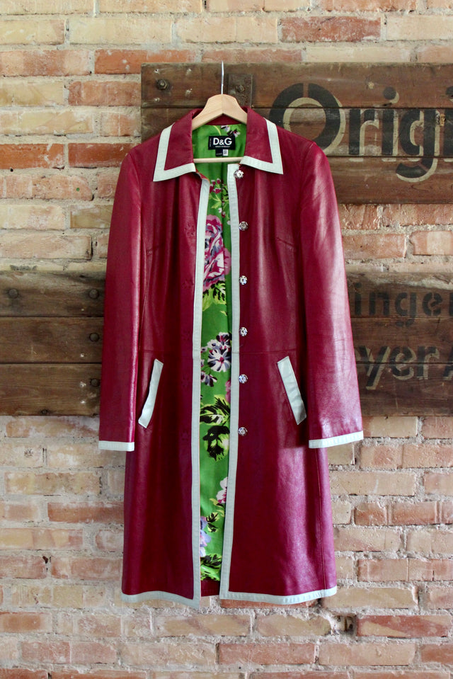 Y2K Italian Designer Burgundy Leather Trench Coat // Size XS/S