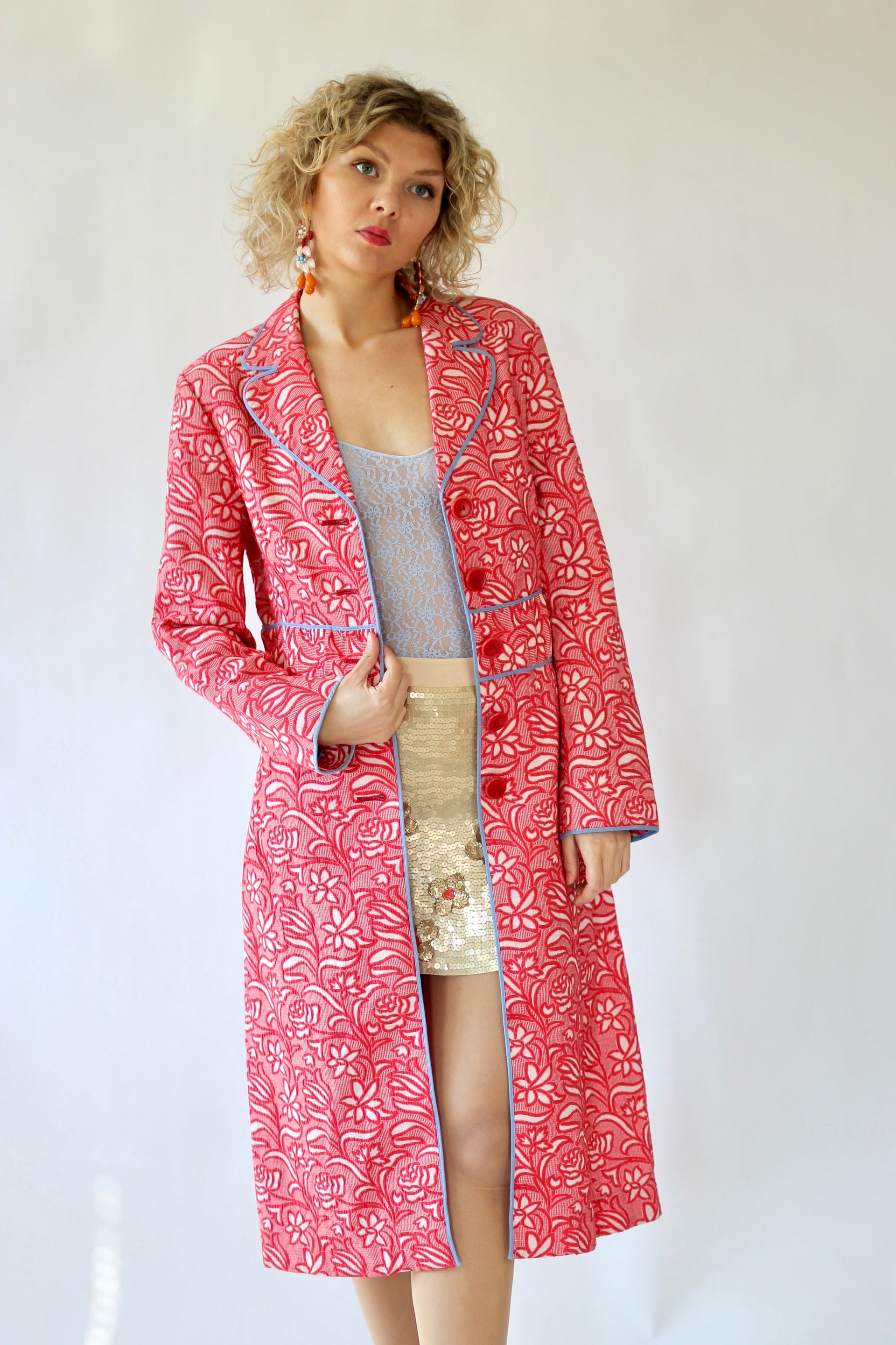 Y2K Vintage Red and White Brocade Coat//Size M