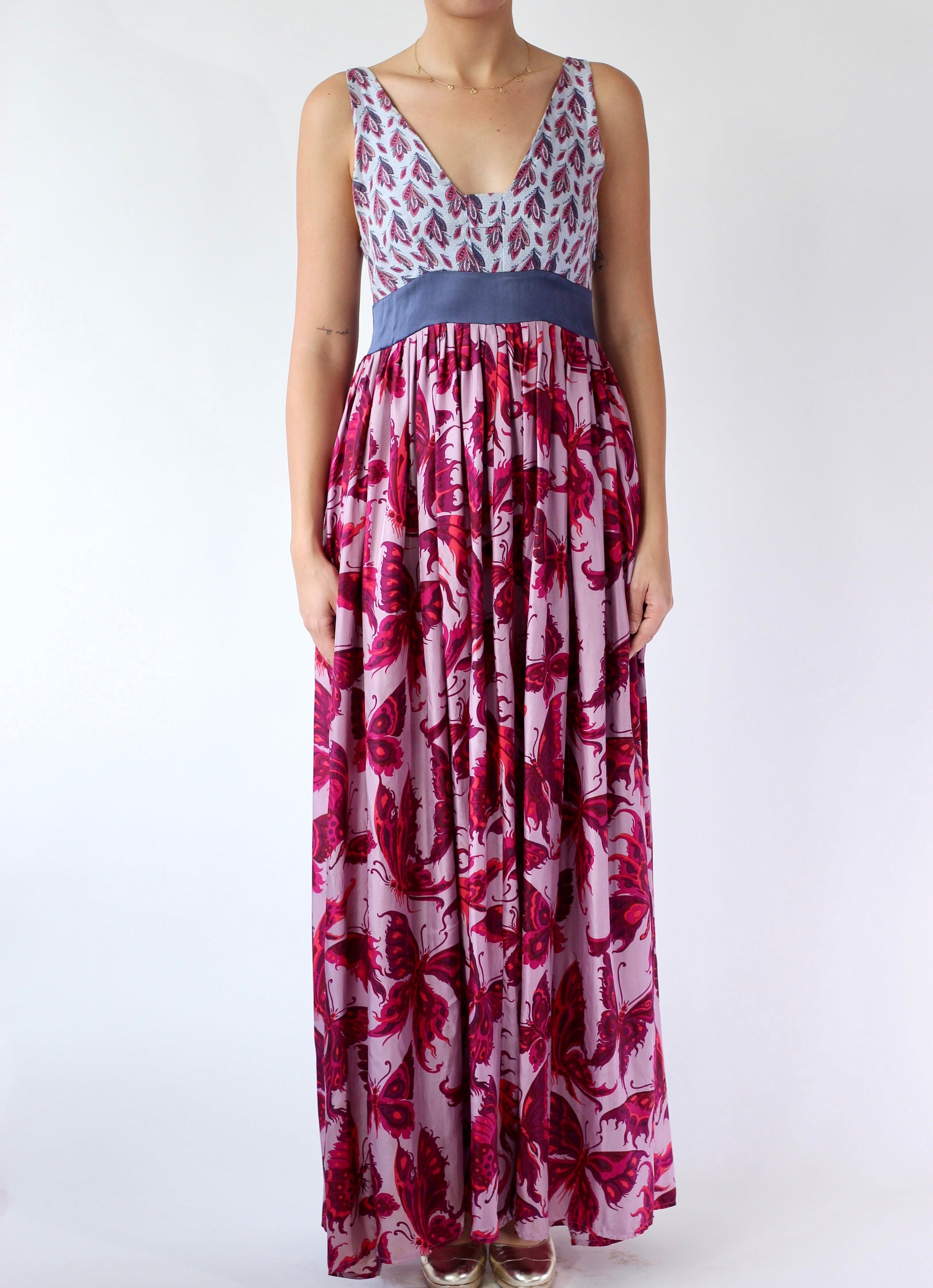 Y2K Purple Silk Maxi Silk Dress//Butterfly Print//Danish Design//Size L/XL