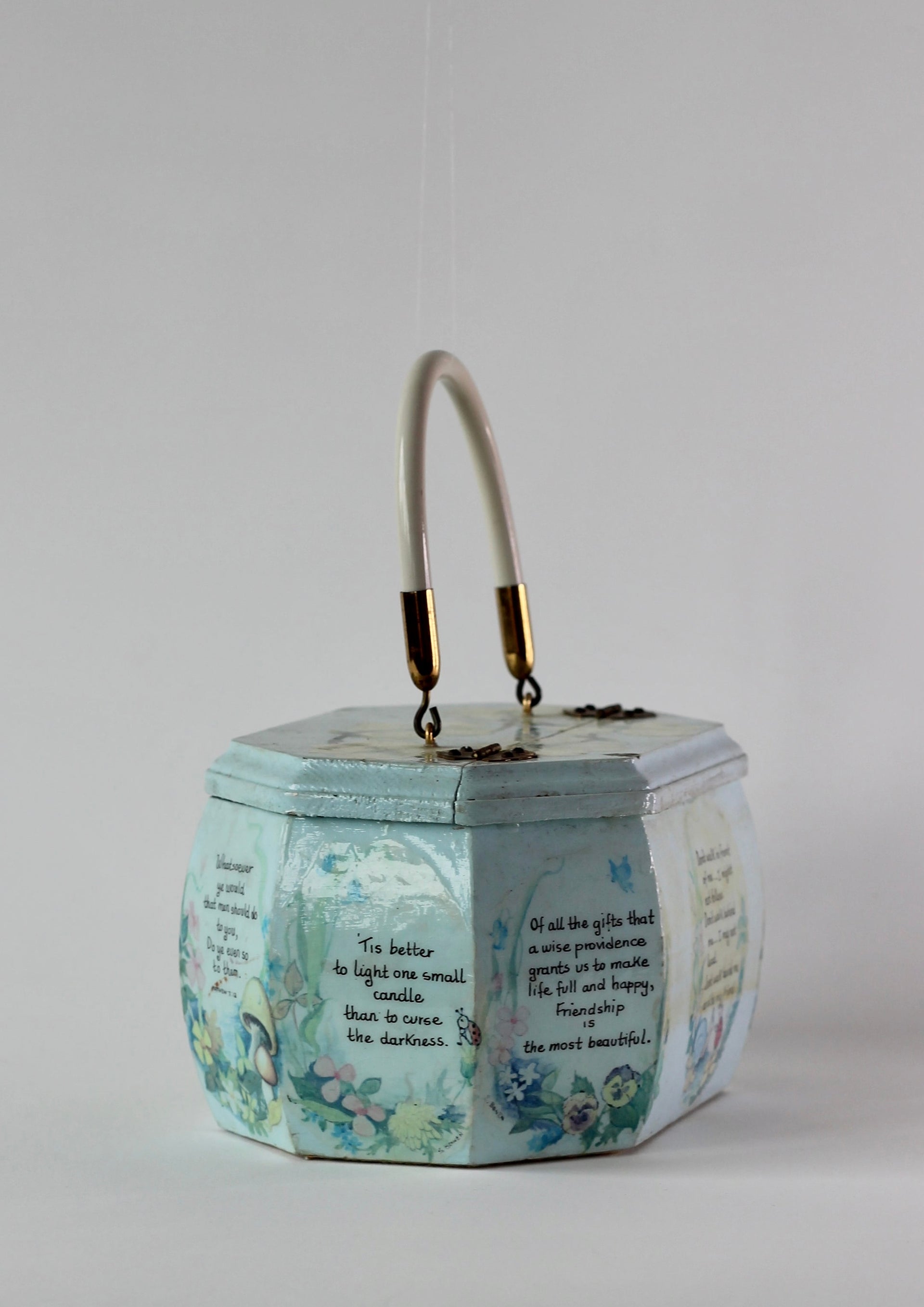 1960s Vintage Pale Blue Wooden Handle Box Bag