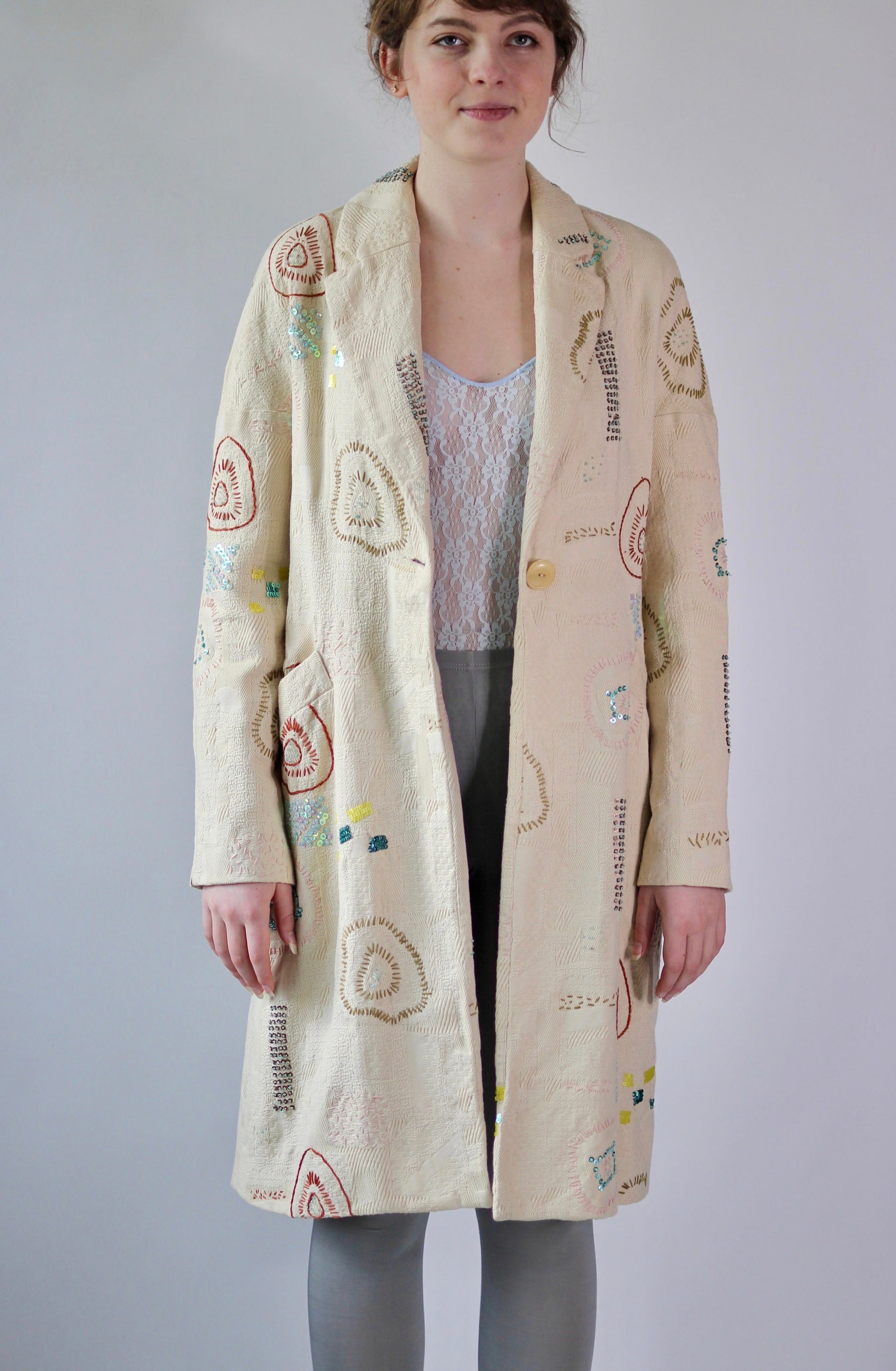 Y2K Embroidered Cream Coat//Danish Design //Size S/M