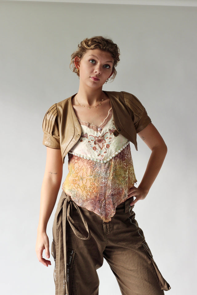 Y2K Vintage Light Brown Leather Crop Jacket//Danish Design//Size XS/S