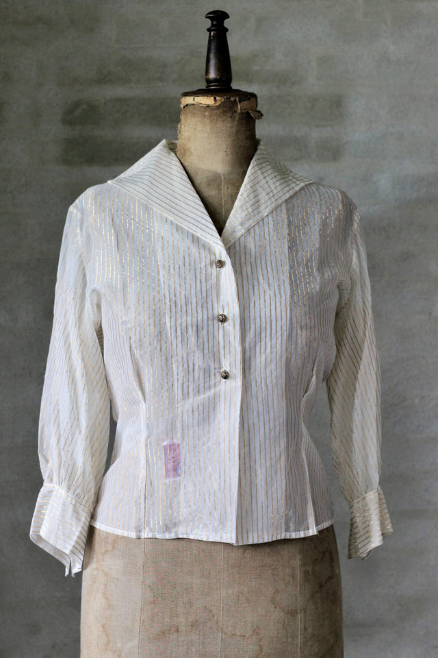 1950s Ivory Sheer Blouse With Golden Lines & Cufflinks/Size M