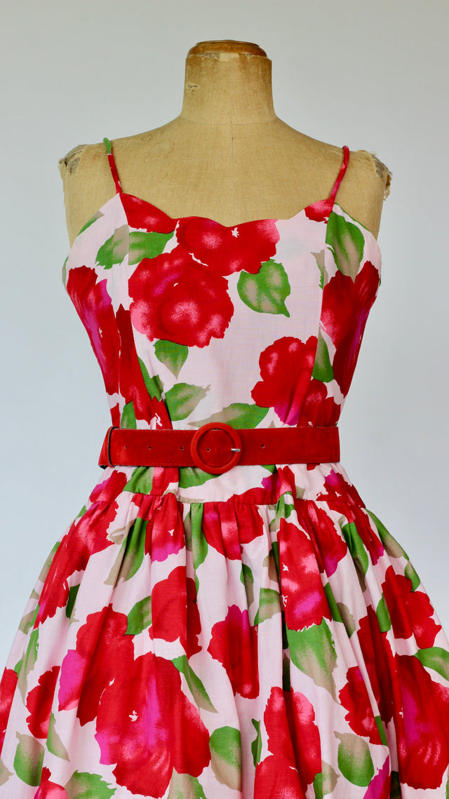 1980s Pale Pink Cotton Corsage Dress with Floral Print//Size M