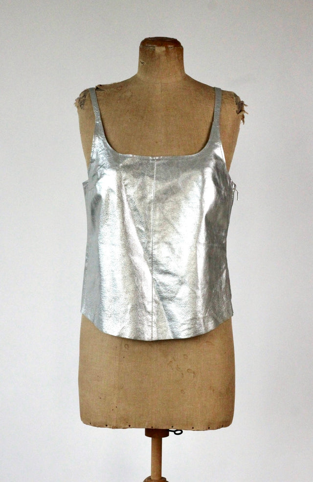 1990s Vintage Leather Silver Top//Size L