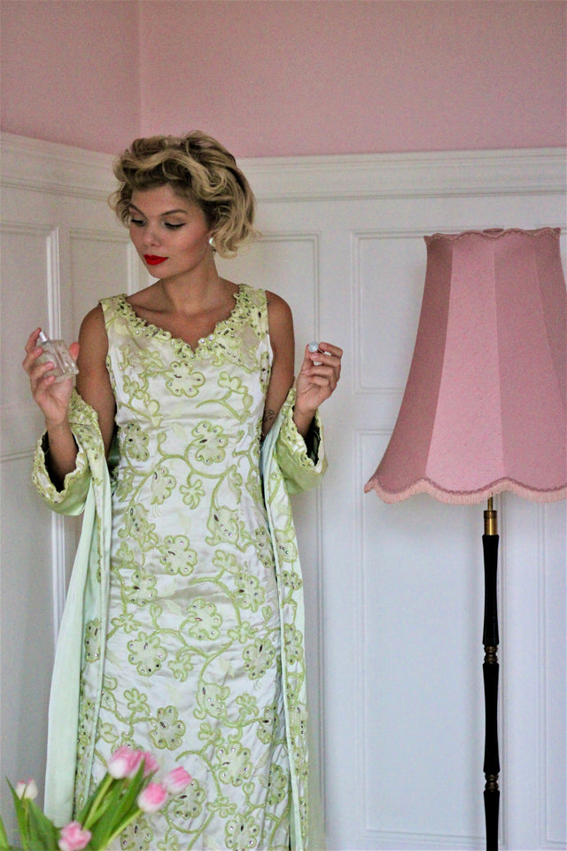 1950s 1960s Designer Green Silk Satin Dress and Coat//Size S/M