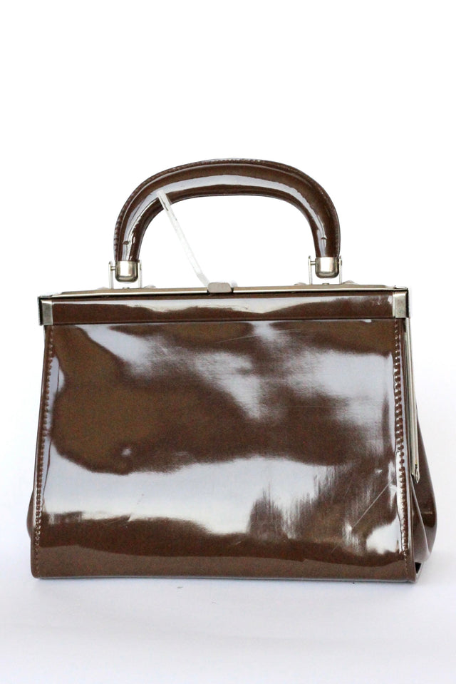 1960s Vintage Chocolate Brown Vinyl Top Handle Bag/Purse with Silver Closure.