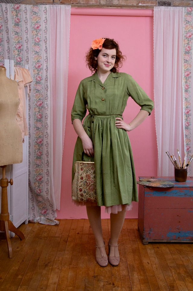 1970s Green Silk Designer Shirt Dress//Size S/M