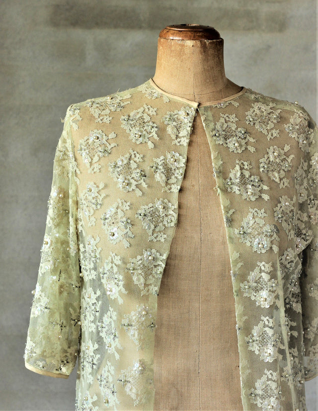 1960s Pale Yellow Tulle Jacket with Sequins and Beads//Size M