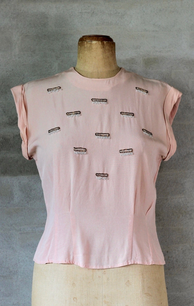 1940s Pale Pink Silk Blouse//Size S/M