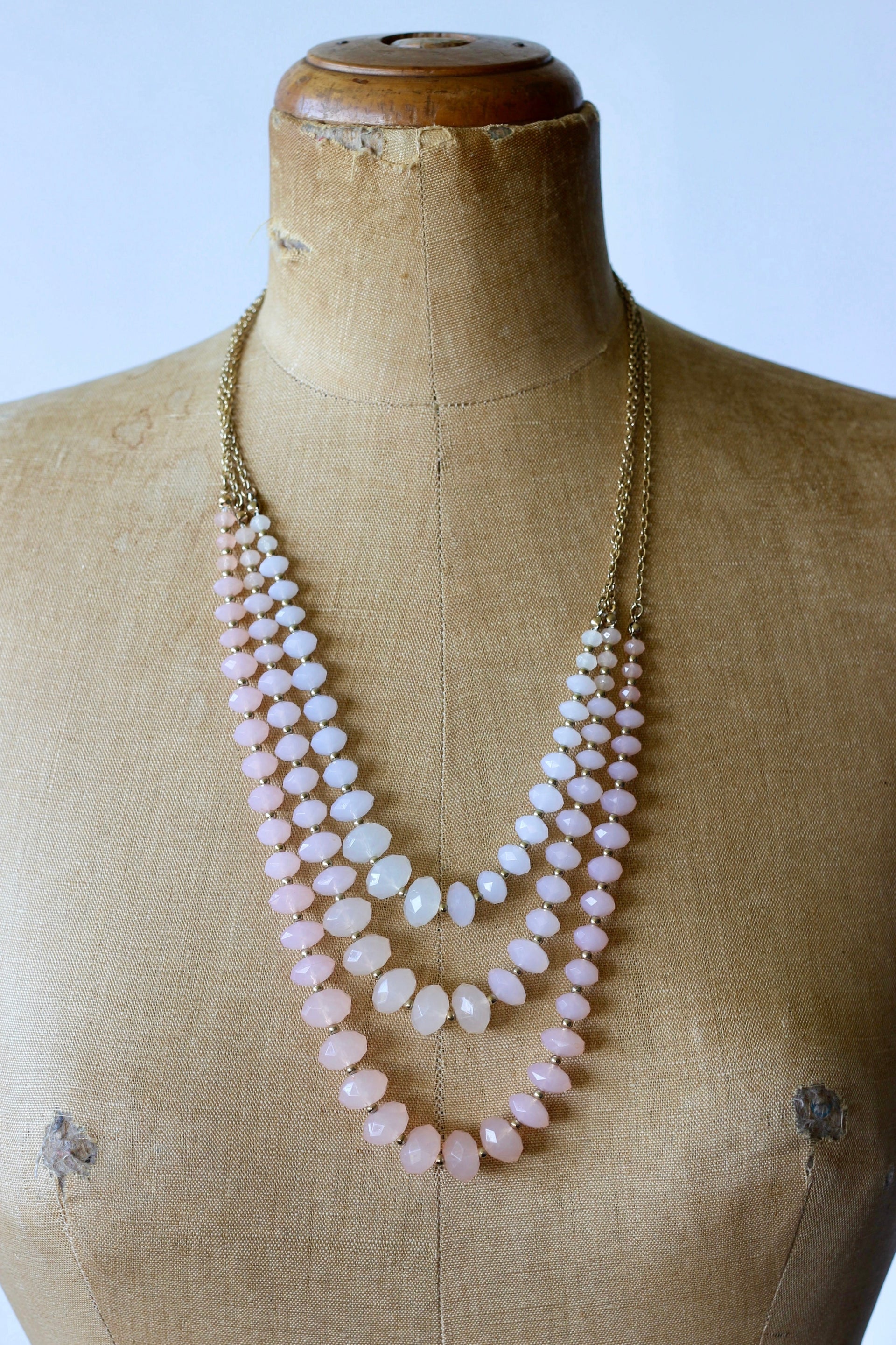 1970s 3 Stand in Faux Rose Quartz Necklace