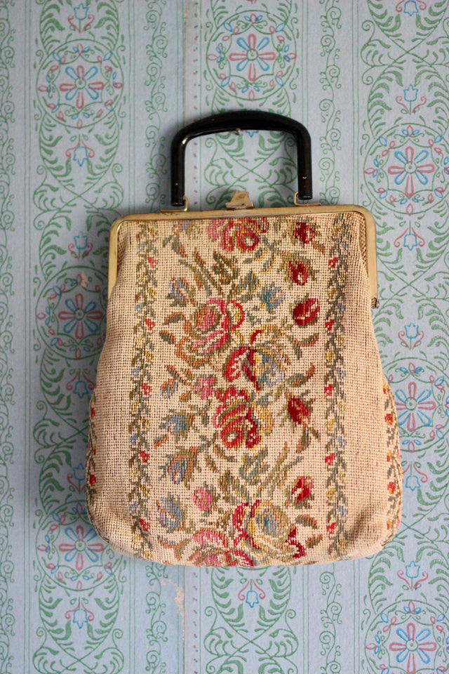 1930s 1940s Vintage Needlepoint Embroidered Handbag