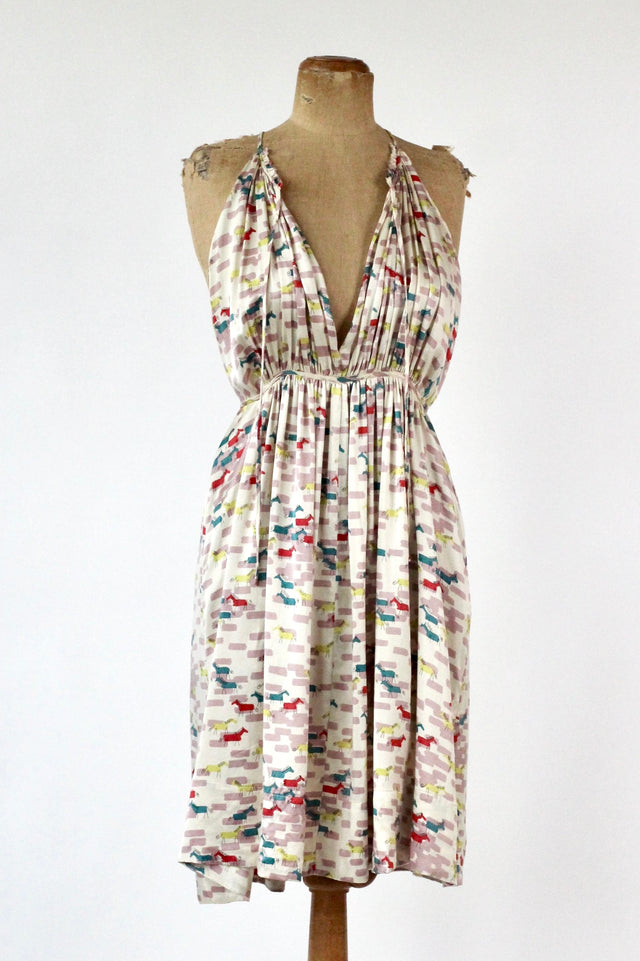 Vintage White Silk Dress with Abstract Horse Print// Danish Design//Size M/L