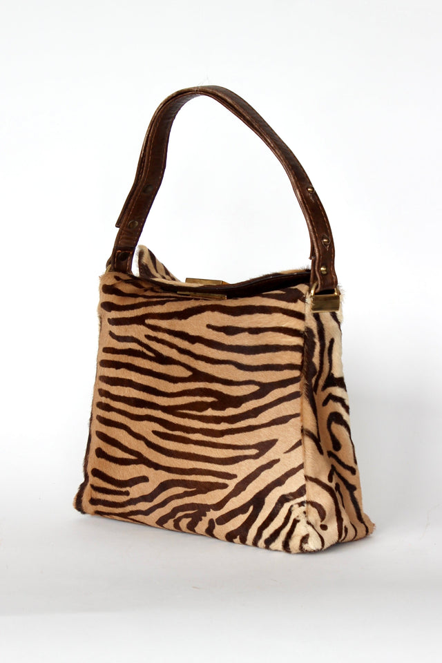 1960s Brown Fur Top Handle Bag with Tiger Pattern // Danish Design