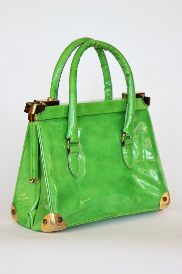 1960s Vintage Green Vinyl Purse / Top Handle Bag