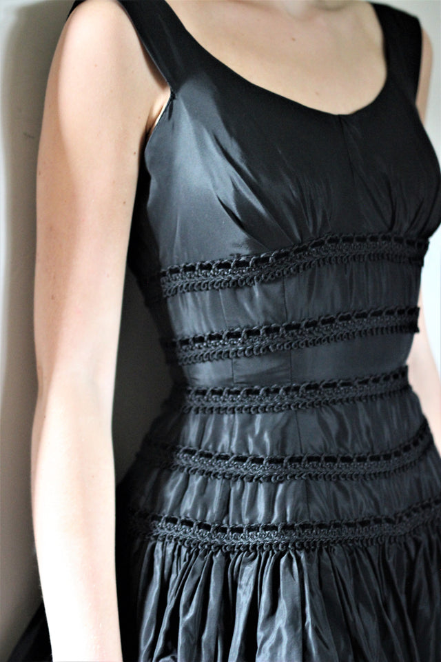 1950s Black Designer Silk Dress //Size XS/S