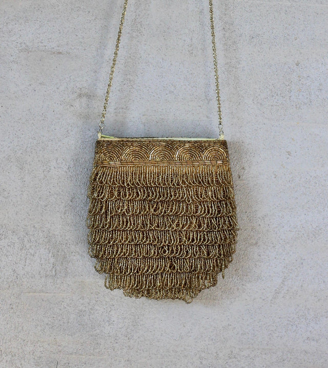 1970s Handmade Gold Beaded Shoulder Bag//Metal Strap